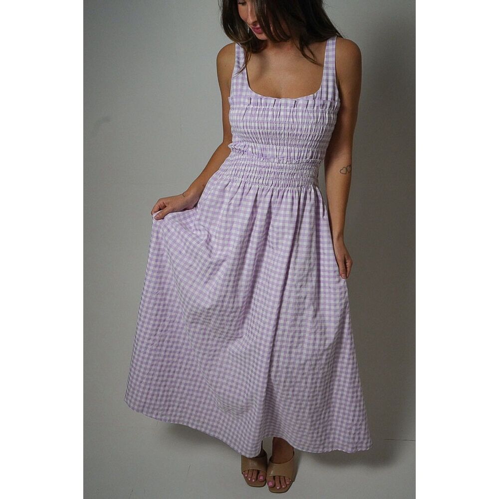 TCEC Gingham Square Neck Smocked Bodice Midi Dress Lavender Purple Medium - Picture 2 of 7